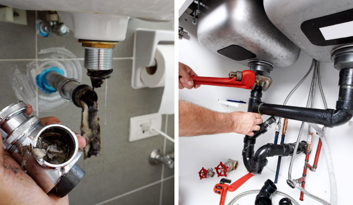 Collage of kitchen and bathroom plumbing