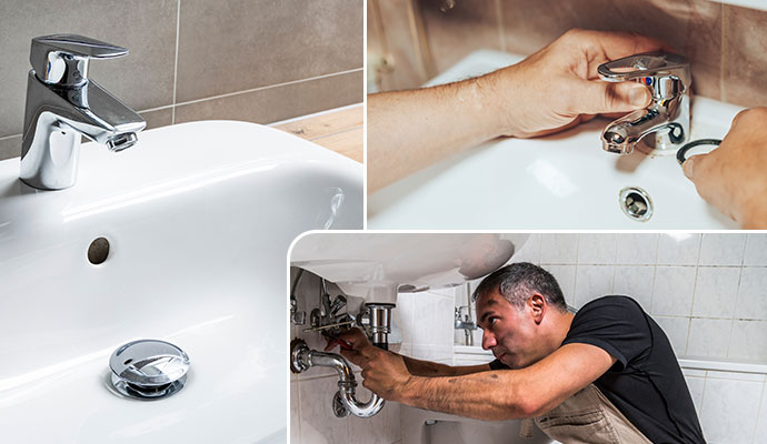 Collage of sink, faucet repair and bathroom plumbing fixing