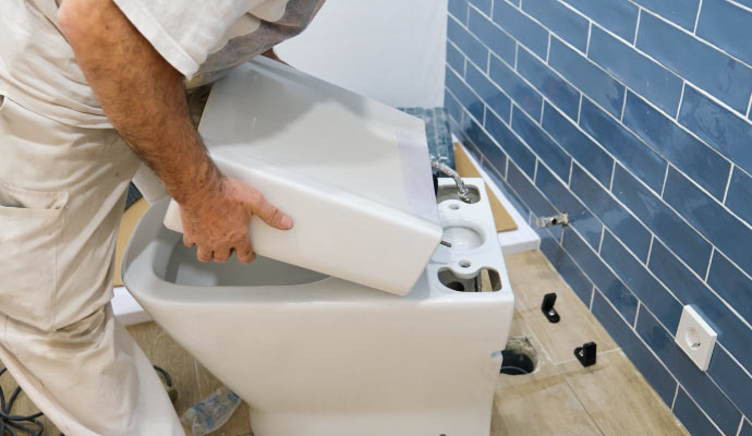 a person repairing a broken toilet