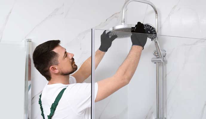 Professional installing shower in bathroom