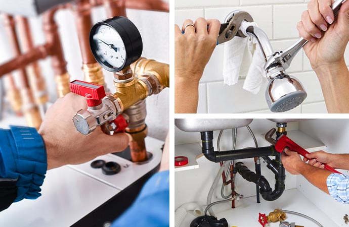 Image consisting of plumbing maintenance, installing fixtures, and replacing showerheads.